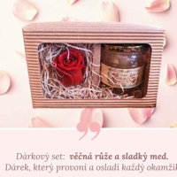Dárkový set:  věčná růže a sladký med.